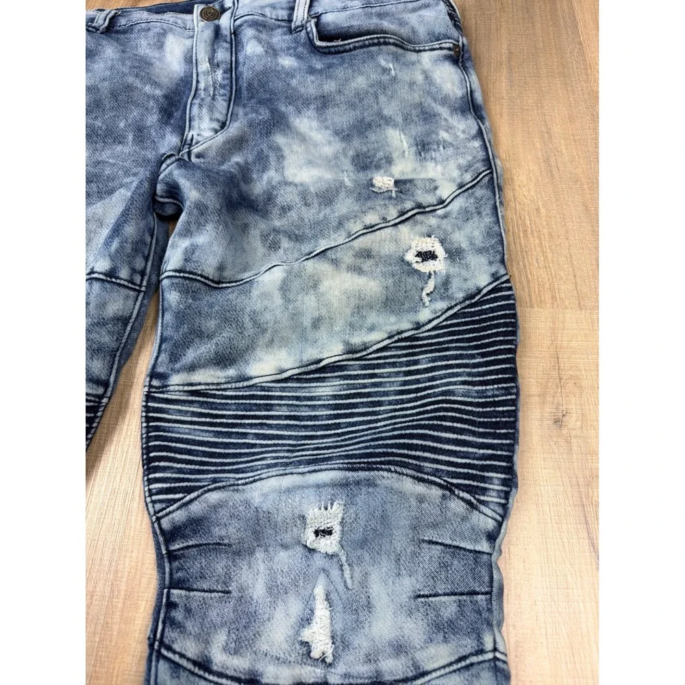 True Religion Rocco Relaxed Skinny Moto Jeans Acid Wash Blue Distressed Mens 38